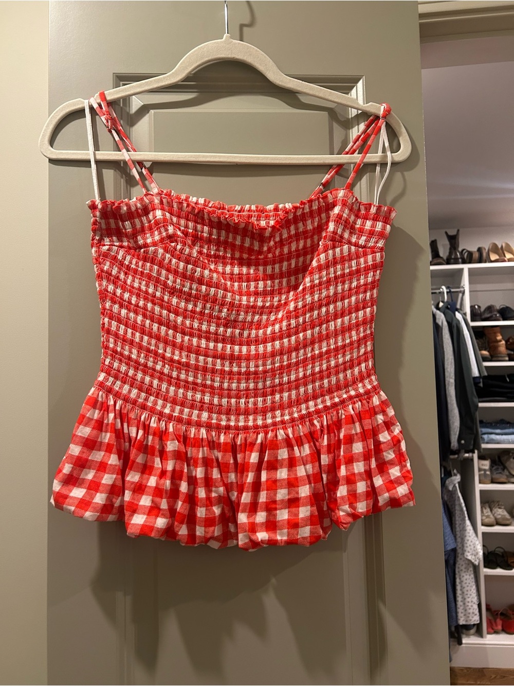 Free People Red Gingham Smocked Peplum Cami